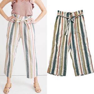 Madewell Tie-Waist Huston Pull-On Crop Pants in Stripe size M Medium linen blend